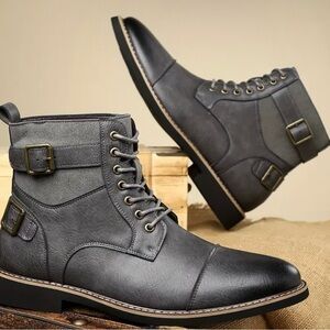 Gray Leather-Like Lace-Up Boots with Ankle Strap